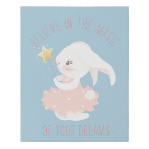 Believe in Dreams Whimsical Bunny Blue Faux Canvas Print