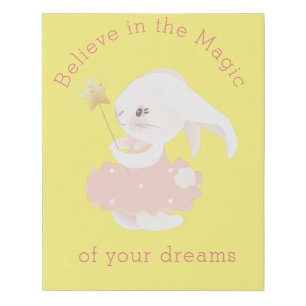 Believe in Dreams Whimsical Bunny Yellow Faux Canvas Print