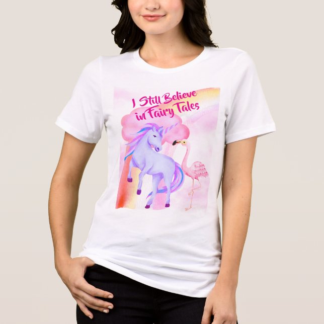 Believe in Fairytales Unicorn Rainbow Flamingo Tri-Blend Shirt (Front)