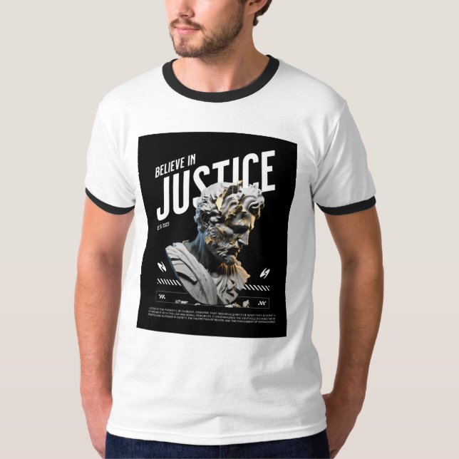 "Believe in Justice" Modern Marble Statue T-Shirt  (Front)