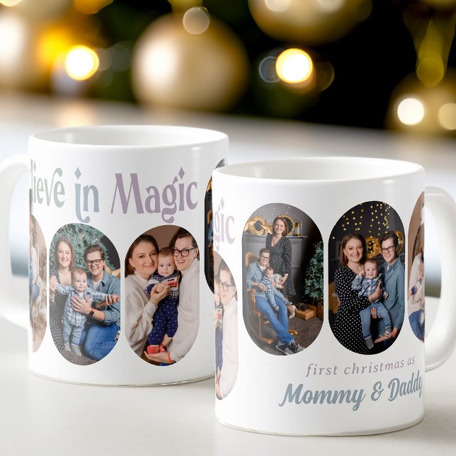 Believe in Magic 6 Rounded Lozenge Photo New Baby Coffee Mug (Believe in Magic First Christmas New Parents 6 photo mug - Rounded Lozenge Photo Collage collection)