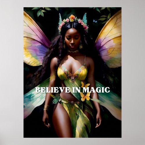 Believe in Magic Black Fairy Girl Watercolor Art Poster