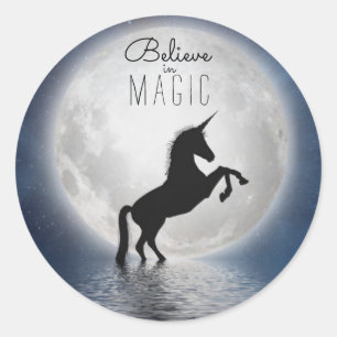 "Believe in Magic" Black Unicorn Moonlight Classic Round Sticker
