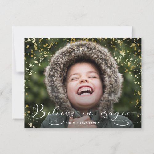 Believe in Magic Calligraphy  Gold Sparkles Holiday Card