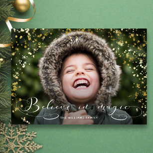 Believe in Magic Calligraphy & Gold Sparkles Tri-Fold Holiday Card