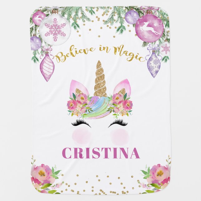 Believe in Magic Christmas Unicorn Personalized Baby Blanket (Front)