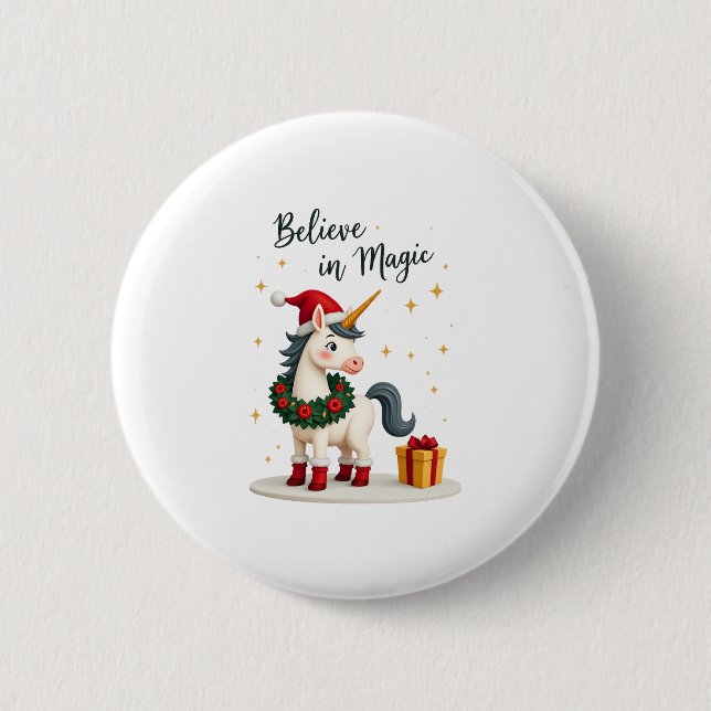 Believe in Magic Festive Unicorn wearing a Christm Button (Front)
