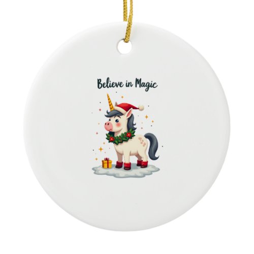 Believe in Magic Festive Unicorn wearing a Christm Ceramic Ornament