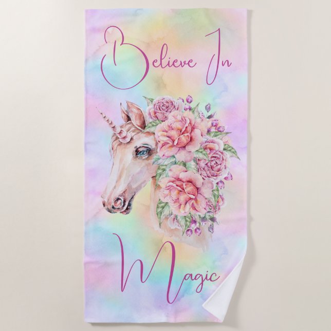 Believe in Magic Floral Unicorn Beach Towel (Front)