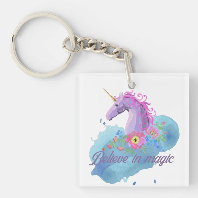 Believe in magic floral unicorn  keychain (Front)