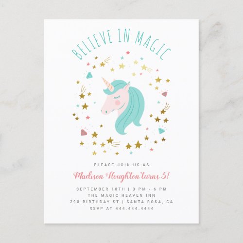 Believe in Magic Gold Stars Unicorn Girl Birthday Invitation Postcard