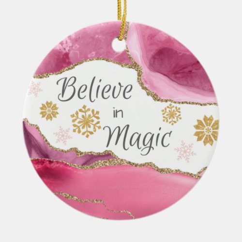 Believe in Magic Hot Pink Gold Glitter Agate Ceramic Ornament