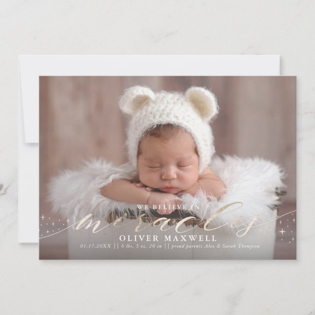 Believe in Miracles Faux Foil Birth Announcement (Front)