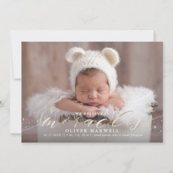 Believe In Miracles Faux Foil Birth Announcement by BanterandCharm at Zazzle