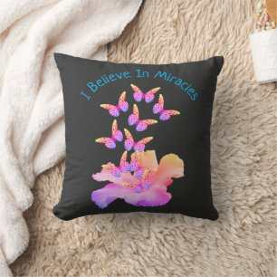 Believe In Miracles Hibiscus Flower Butterflies Throw Pillow