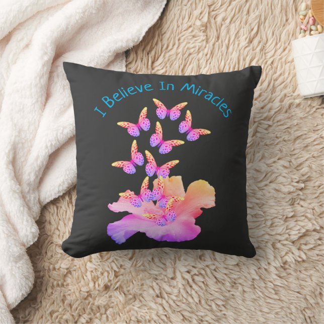 Believe In Miracles Hibiscus Flower Butterflies   Throw Pillow (Blanket)