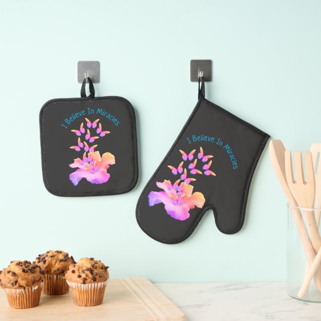 Believe In Miracles Hibiscus Flower Inspirational Oven Mitt & Pot Holder Set (Insitu(Hanging))