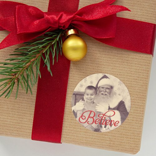 Believe in Red Script Santa Holiday Photo Classic Round Sticker