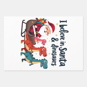 believe in Santa and dinosaurs (Santa riding dinos Wrapping Paper Sheets