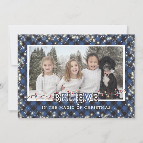 Believe In the Magic Blue Plaid Photo Holiday Card