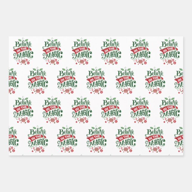 Believe in the Magic Christmas Typography Wrapping Paper Sheets (Front)