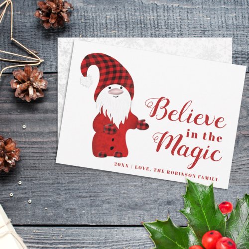 Believe in the Magic Custom Red White Gnome Xmas Holiday Card