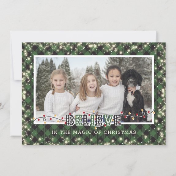 Believe In the Magic Green Plaid Photo Christmas Card