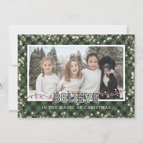 Believe In the Magic Green Plaid Photo Holiday Card