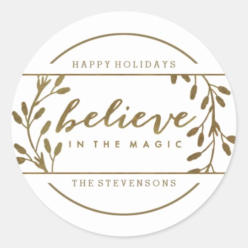 Believe in the Magic  Holiday Gold Wreath Sticker