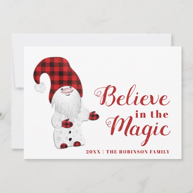 Believe in the Magic Modern Red White Cute Gnome Holiday Card (Front)