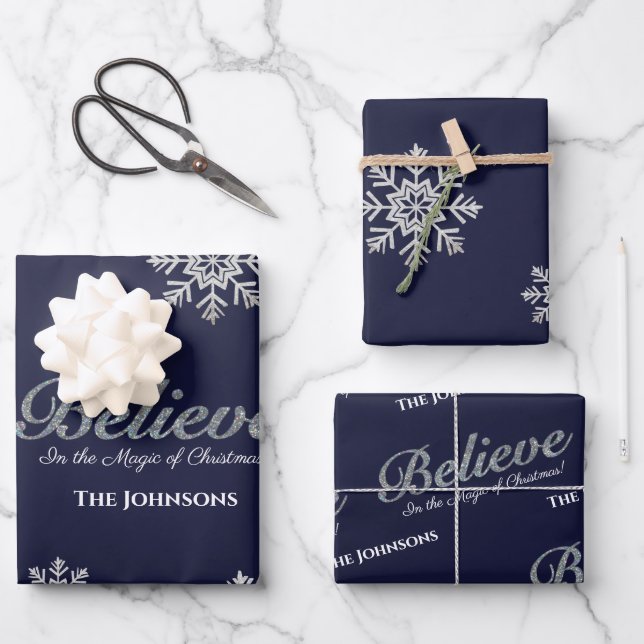 Believe in the Magic Of Christmas | Navy Blue Wrapping Paper Sheets (Front)