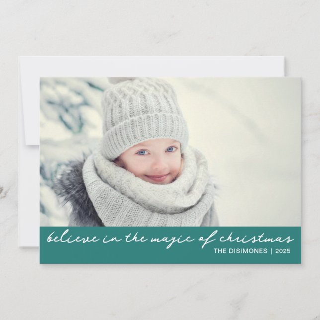 Believe In The Magic Of Christmas Photo Green Holiday Card (Front)