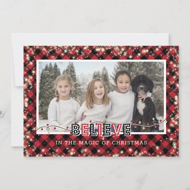 Believe In the Magic of Christmas Red Plaid Photo Holiday Card (Front)