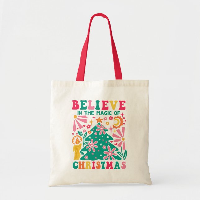 Believe In The Magic Of Christmas Retro Boho Tote Bag (Front)