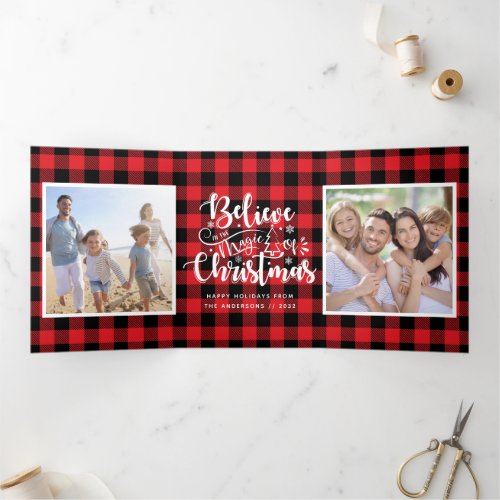 Believe in the Magic Photo Collage Plaid Christmas Tri_Fold Holiday Card
