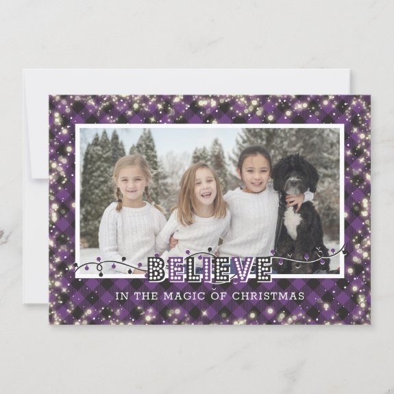 Believe In the Magic Purple Plaid Photo Christmas Card