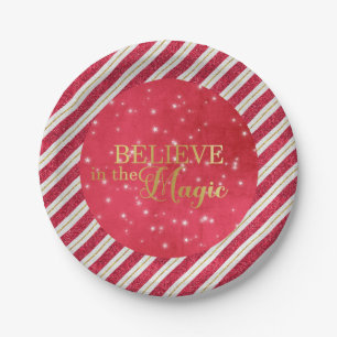 BELIEVE in the Magic Red and Gold Glitter Stripes Paper Plates