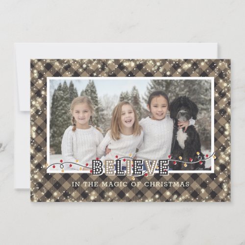 Believe In the Magic Rustic Plaid Photo Holiday Card