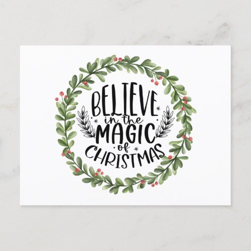 Believe in the Magic Watercolor Wreath Holiday Postcard