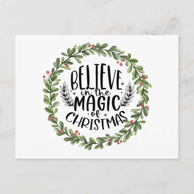 Believe in the Magic Watercolor Wreath Holiday Postcard (Front)