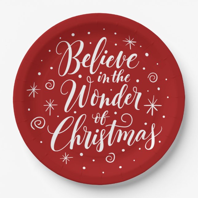 Believe in the Wonder of Christmas Lettering Red   Paper Plates (Front)