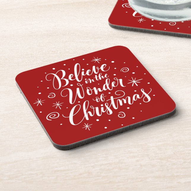 Believe in the Wonder of Christmas Lettering Round Beverage Coaster (Left Side)