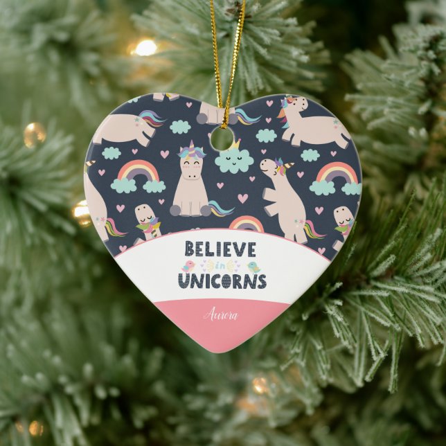 Believe in Unicorns Blue and Pink Girl Christmas Ceramic Ornament (Tree)