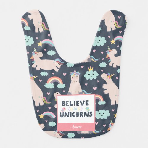 Believe in Unicorns Blue and Pink Girl Pattern Baby Bib