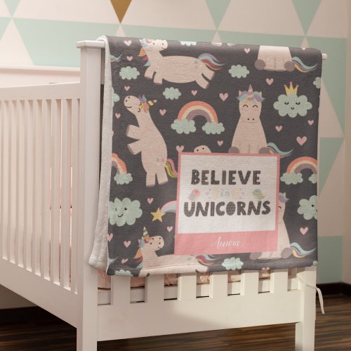 Believe in Unicorns Blue and Pink Girl Pattern Baby Blanket