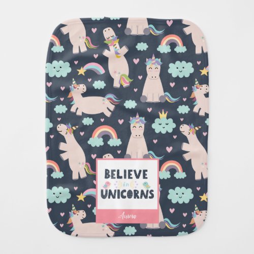 Believe in Unicorns Blue and Pink Girl Pattern Baby Burp Cloth