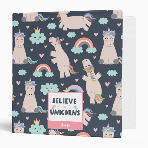 Believe in Unicorns Blue and Pink Girl Pattern Kid 3 Ring Binder