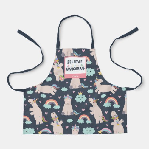 Believe in Unicorns Blue and Pink Girl Pattern Kid Apron