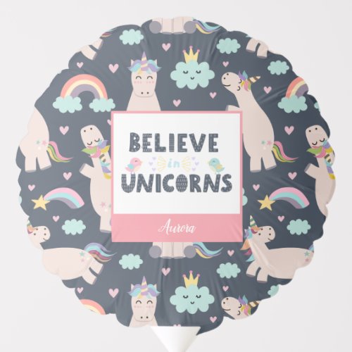 Believe in Unicorns Blue and Pink Girl Pattern Kid Balloon