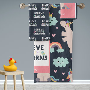 Believe in Unicorns Blue and Pink Girl Pattern Kid Bath Towel Set